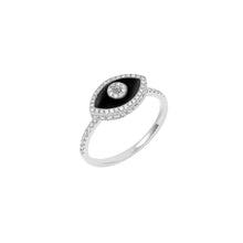 Load image into Gallery viewer, 14K white gold Endza Ring with Black Onyx evil eye and pavé white diamonds