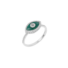 Load image into Gallery viewer, 14K white gold Endza Ring with Malachite green evil eye and pavé white diamonds