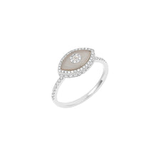 Load image into Gallery viewer, 14K white gold Endza Ring with Moonstone beige evil eye and pavé white diamonds