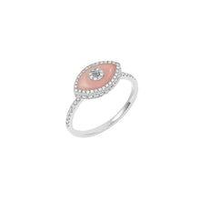 Load image into Gallery viewer, 14K white gold Endza Ring with Peach Jade evil eye and pavé white diamonds