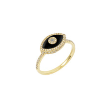 Load image into Gallery viewer, 14K yellow gold Endza Ring with Black Onyx evil eye and pavé white diamonds