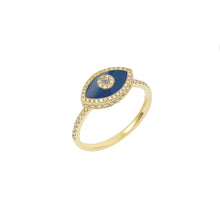 Load image into Gallery viewer, 14K yellow gold Endza Ring with Blue Agate evil eye and pavé white diamonds