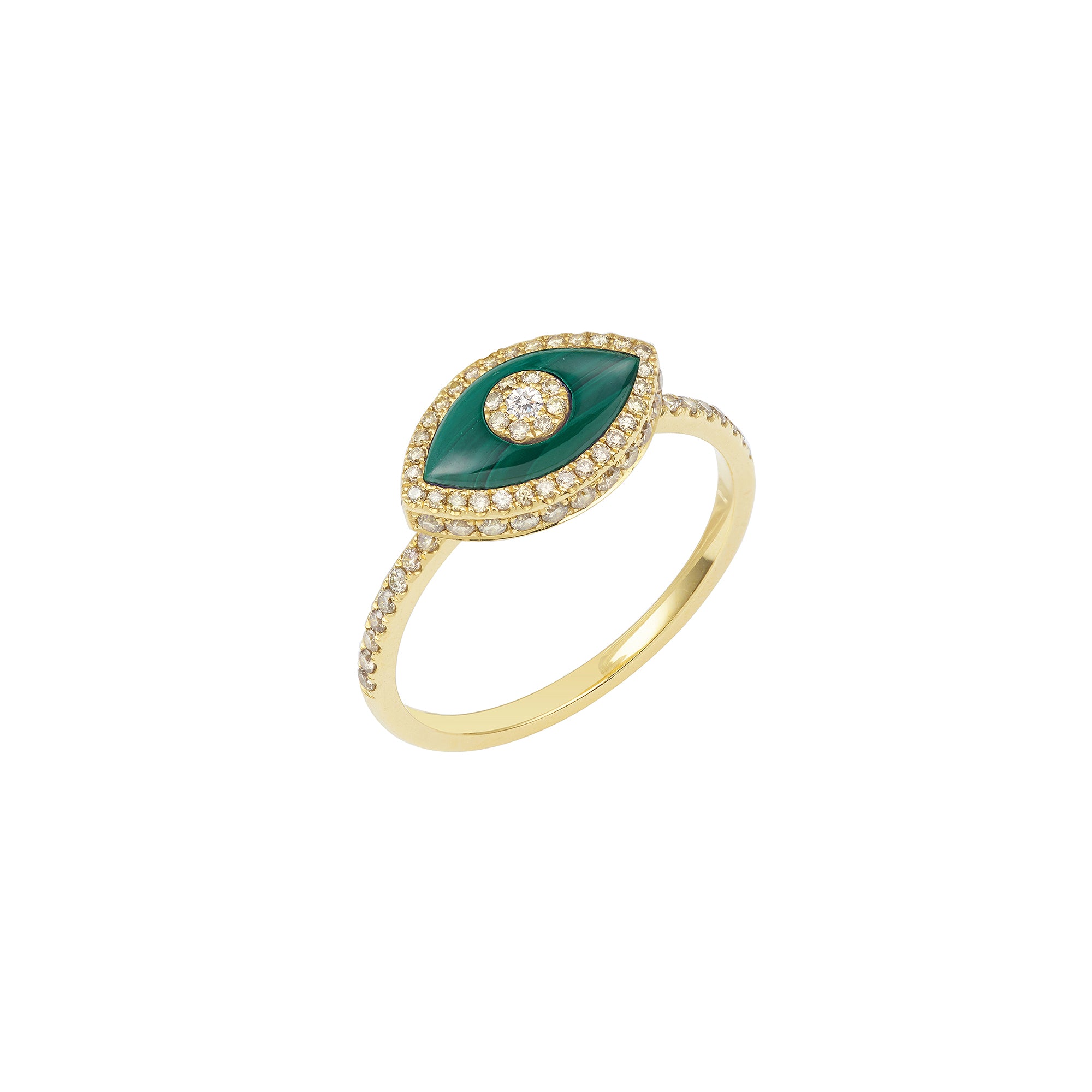 14K yellow gold Endza Ring with Malachite green evil eye and pavé white diamonds