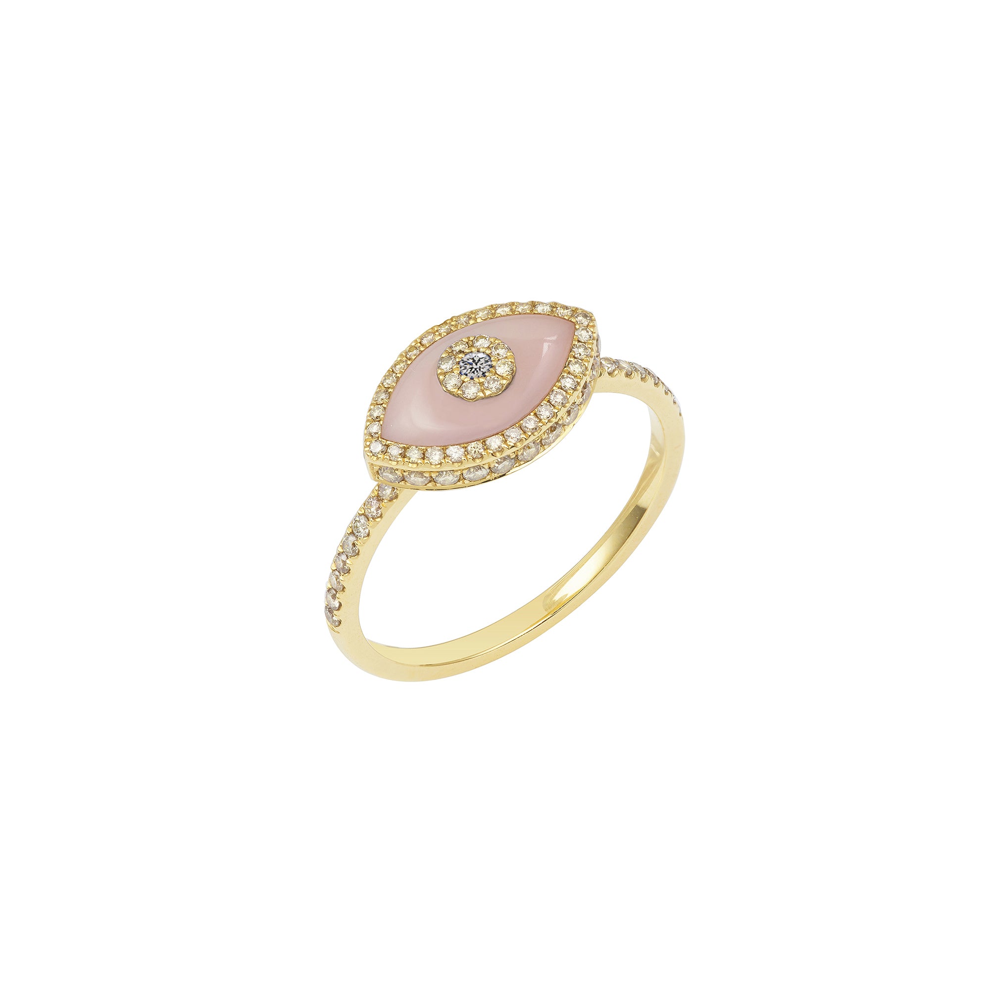14K yellow gold Endza Ring with Pink Opal evil eye and pavé white diamonds
