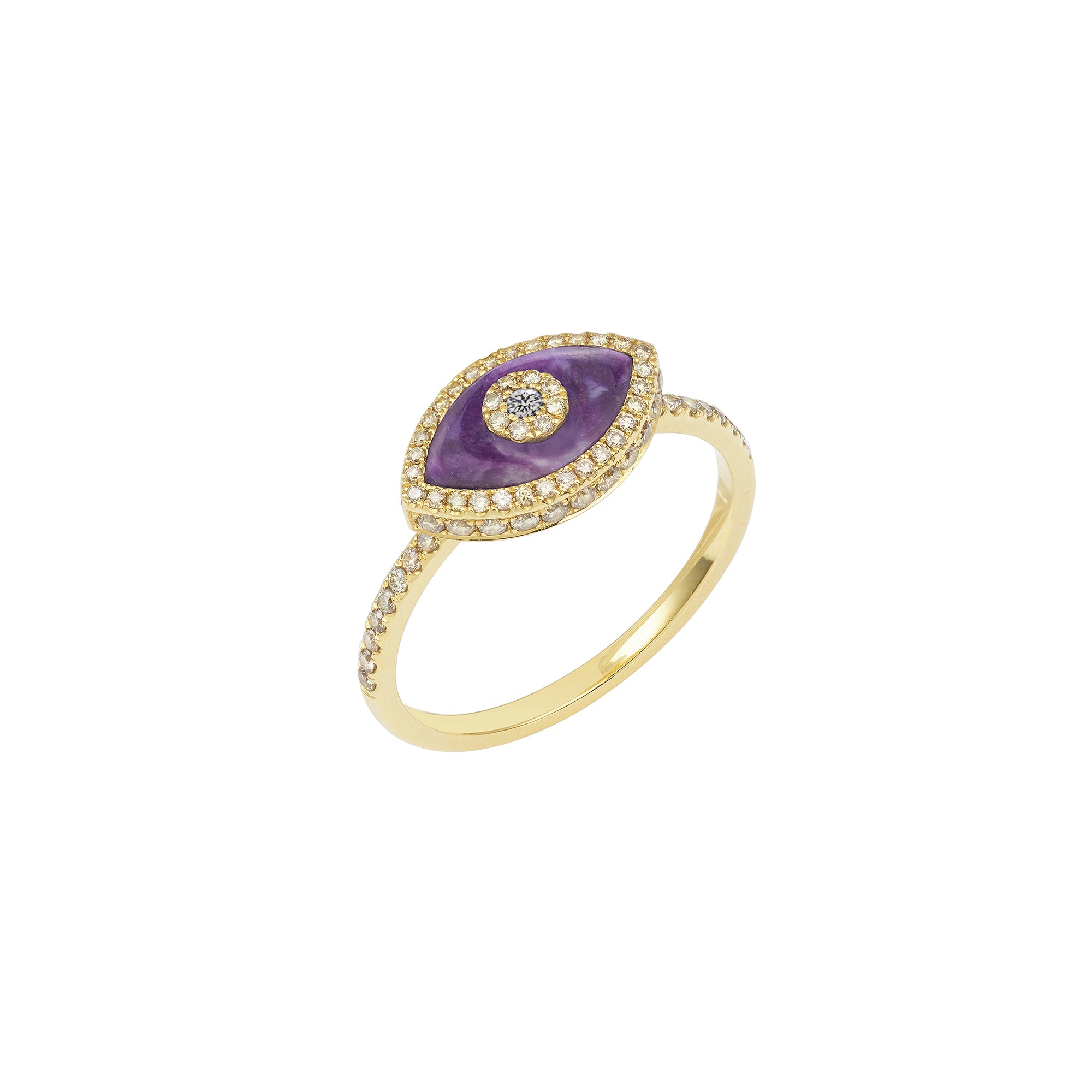 14K yellow gold Endza Ring with Sugilite purple evil eye and pavé white diamonds