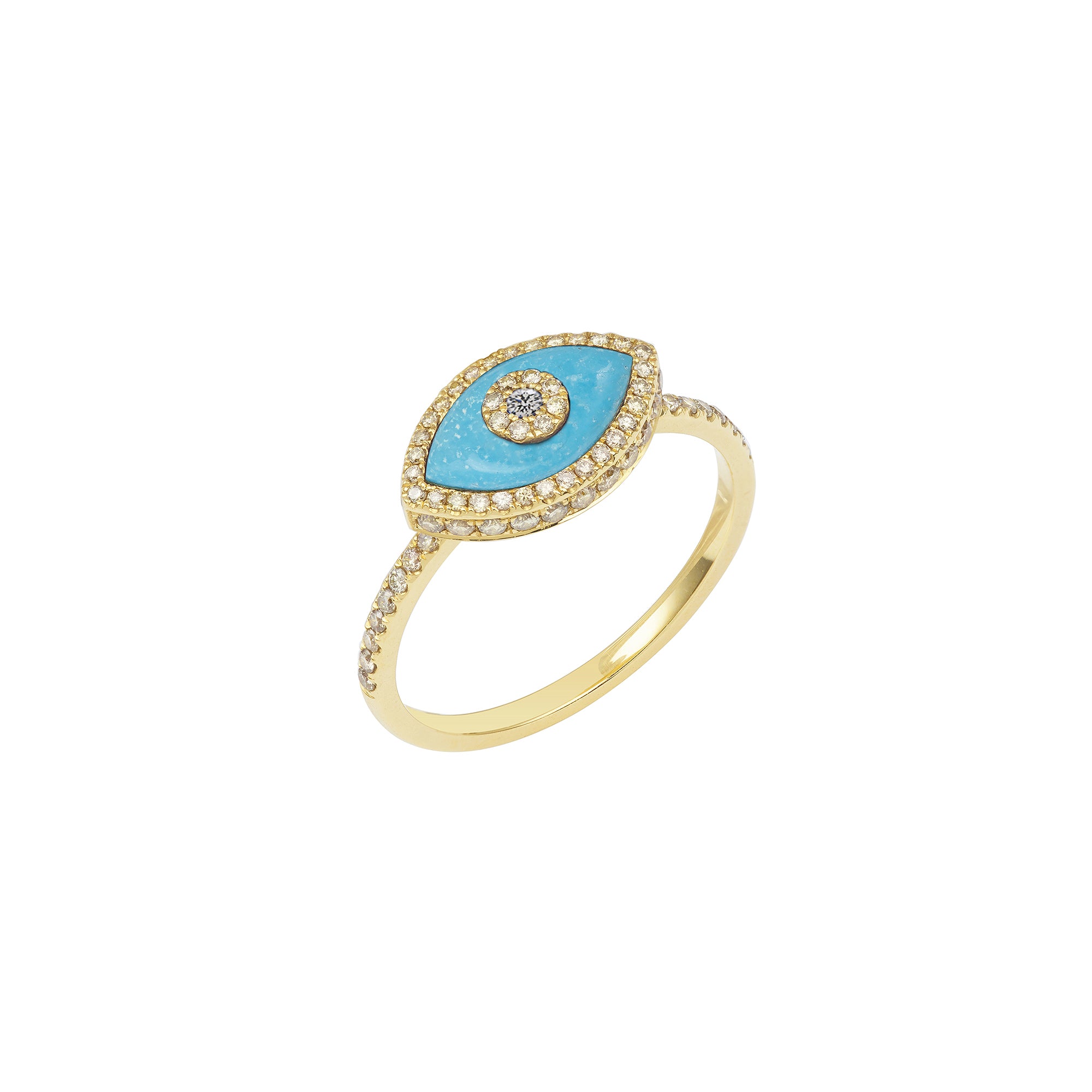 14K yellow gold Endza Ring with Turquoise evil eye and pavé white diamonds