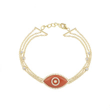 Load image into Gallery viewer, 14K yellow gold Endza Bracelet with Red Jasper evil eye and white diamonds.