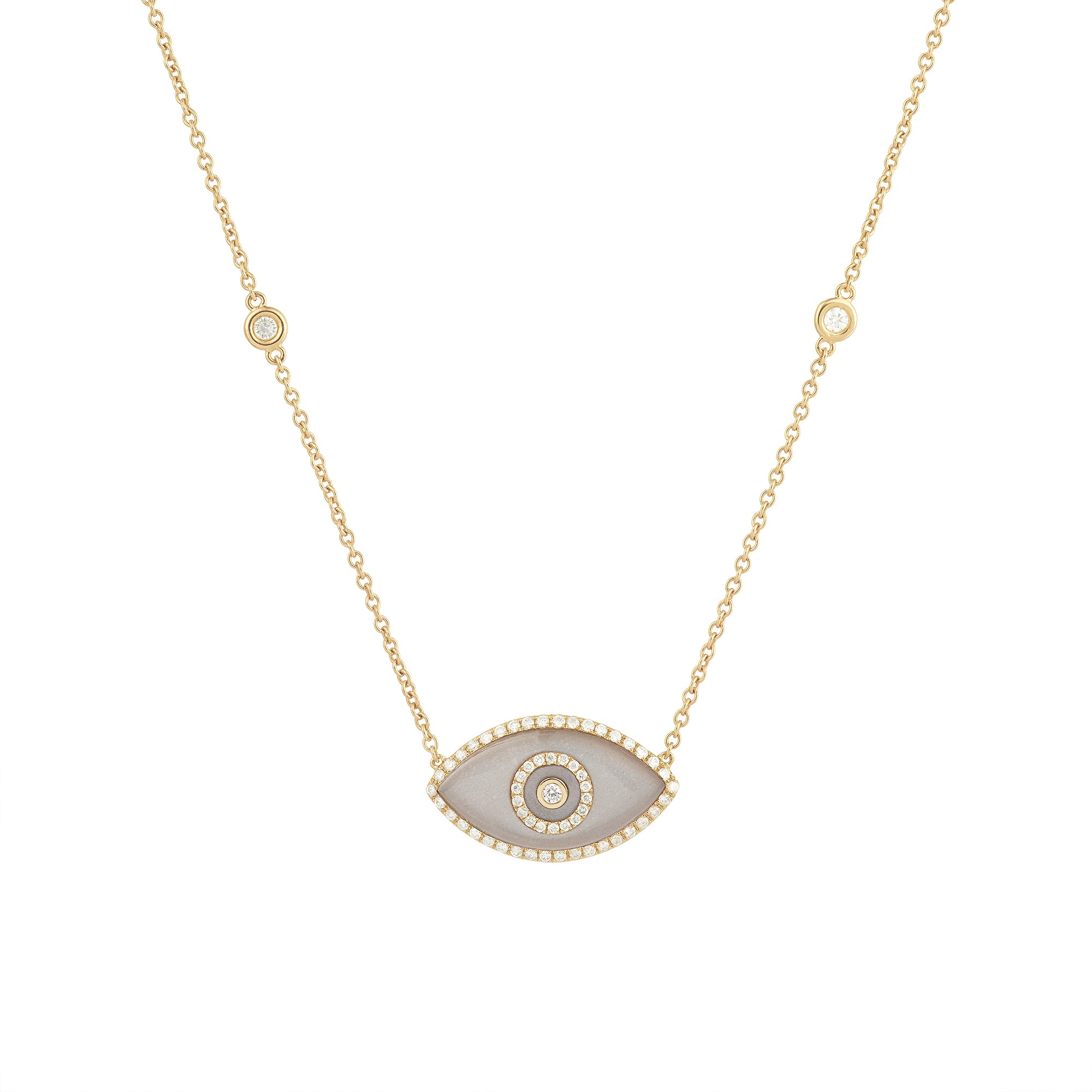 14K yellow gold Endza Necklace with Beige Moonstone evil eye and white diamonds.