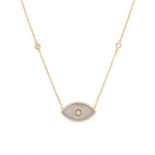 Load image into Gallery viewer, 14K yellow gold Endza Necklace with Beige Moonstone evil eye and white diamonds.