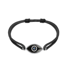 Load image into Gallery viewer, 14K white gold Link Bracelet with Black Onyx evil eye, pavé diamonds, and sapphire