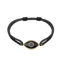 Load image into Gallery viewer, 14K yellow gold Link Bracelet with Black Onyx evil eye, pavé diamonds, and sapphire