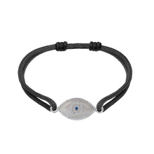 Load image into Gallery viewer, 14K white gold Link Bracelet with Blue Chalcedony evil eye, pavé diamonds, and sapphire