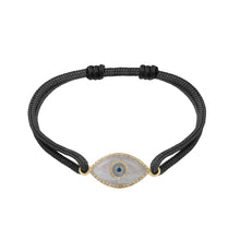 Load image into Gallery viewer, 14K yellow gold Link Bracelet with Blue Chalcedony evil eye, pavé diamonds, and sapphire