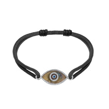 Load image into Gallery viewer, 14K white gold Link Bracelet with Labradorite evil eye, pavé diamonds, and sapphire