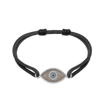 Load image into Gallery viewer, 14K white gold Link Bracelet with Moonstone evil eye, pavé diamonds, and sapphire