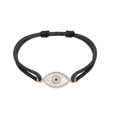 Load image into Gallery viewer, 14K rose gold Link Bracelet with Mother of Pearl evil eye, pavé diamonds, and sapphire