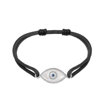 Load image into Gallery viewer, 14K white gold Link Bracelet with Mother of Pearl evil eye, pavé diamonds, and sapphire