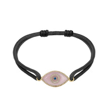 Load image into Gallery viewer, 14K yellow gold Link Bracelet with Pink Opal evil eye, pavé diamonds, and sapphire
