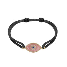 Load image into Gallery viewer, 14K yellow gold Link Bracelet with Peach Jade evil eye, pavé diamonds, and sapphire