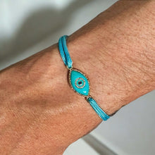 Load image into Gallery viewer, 14K yellow gold Link Bracelet with Turquoise evil eye, pavé diamonds, and sapphire