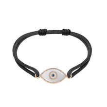 Load image into Gallery viewer, 14K rose gold Link Bracelet with White Onyx evil eye, pavé diamonds, and sapphire