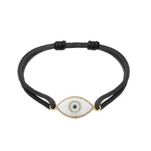 Load image into Gallery viewer, 14K yellow gold Link Bracelet with White Onyx evil eye, pavé diamonds, and sapphire