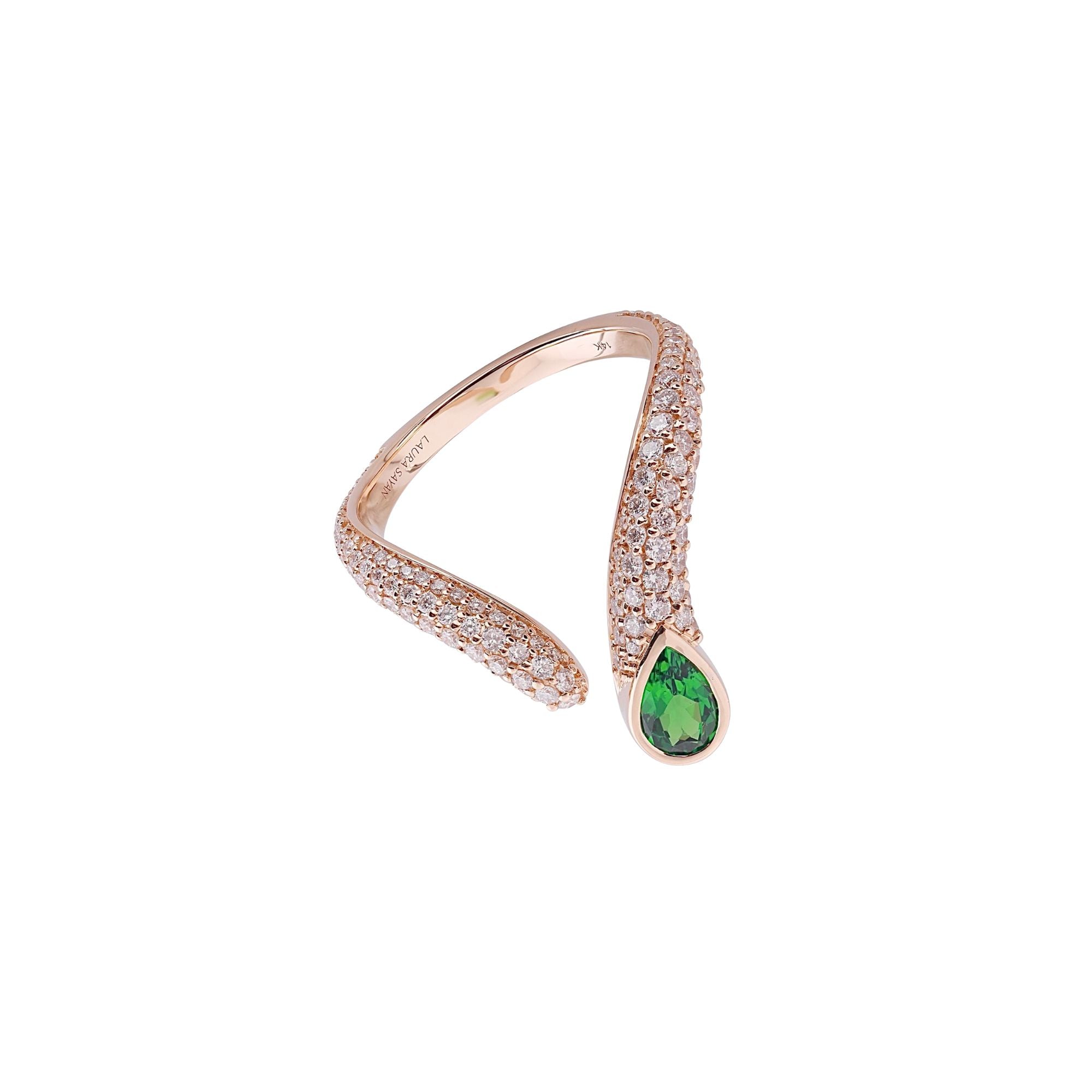 Sireliss V Ring 14K rose gold pear tsavorite ring