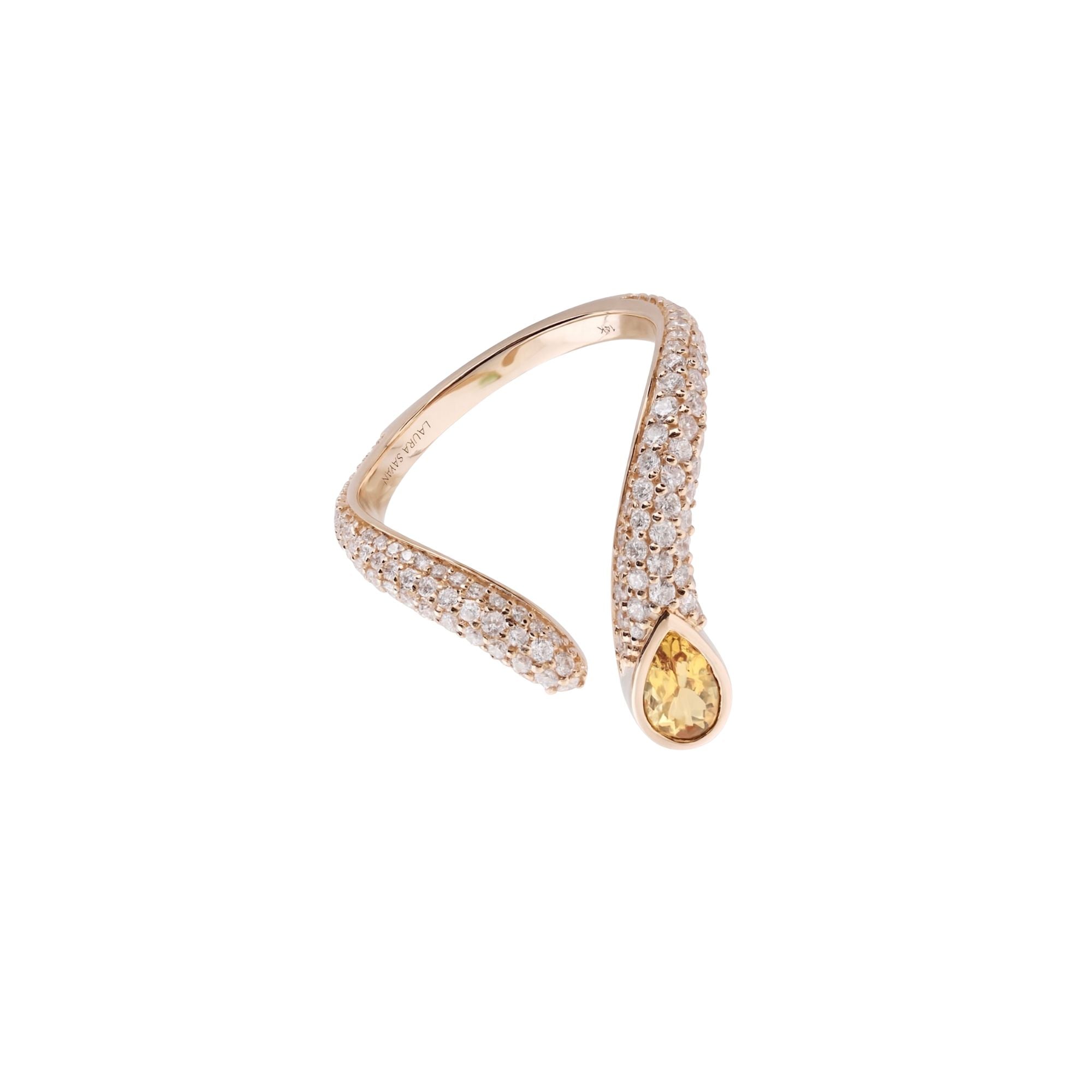 Sireliss V Ring 14K rose gold pear yellow sapphire ring