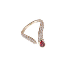 Load image into Gallery viewer, Sireliss V Ring 14K yellow gold pear red garnet ring