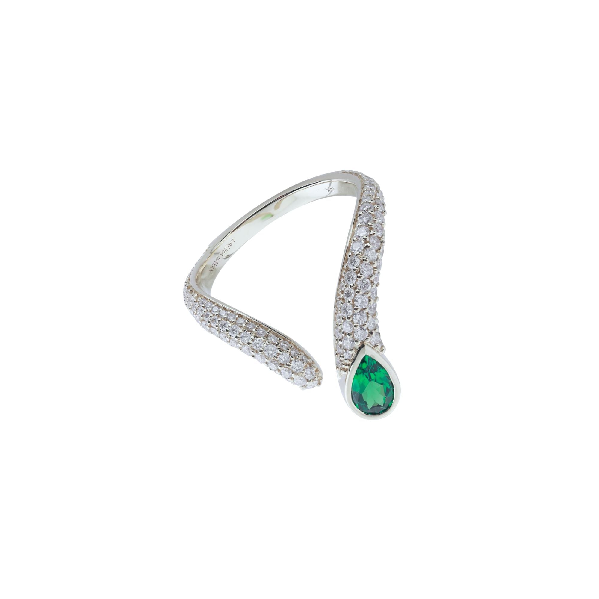 Sireliss Green V Ring in 14K White Gold with White Diamonds