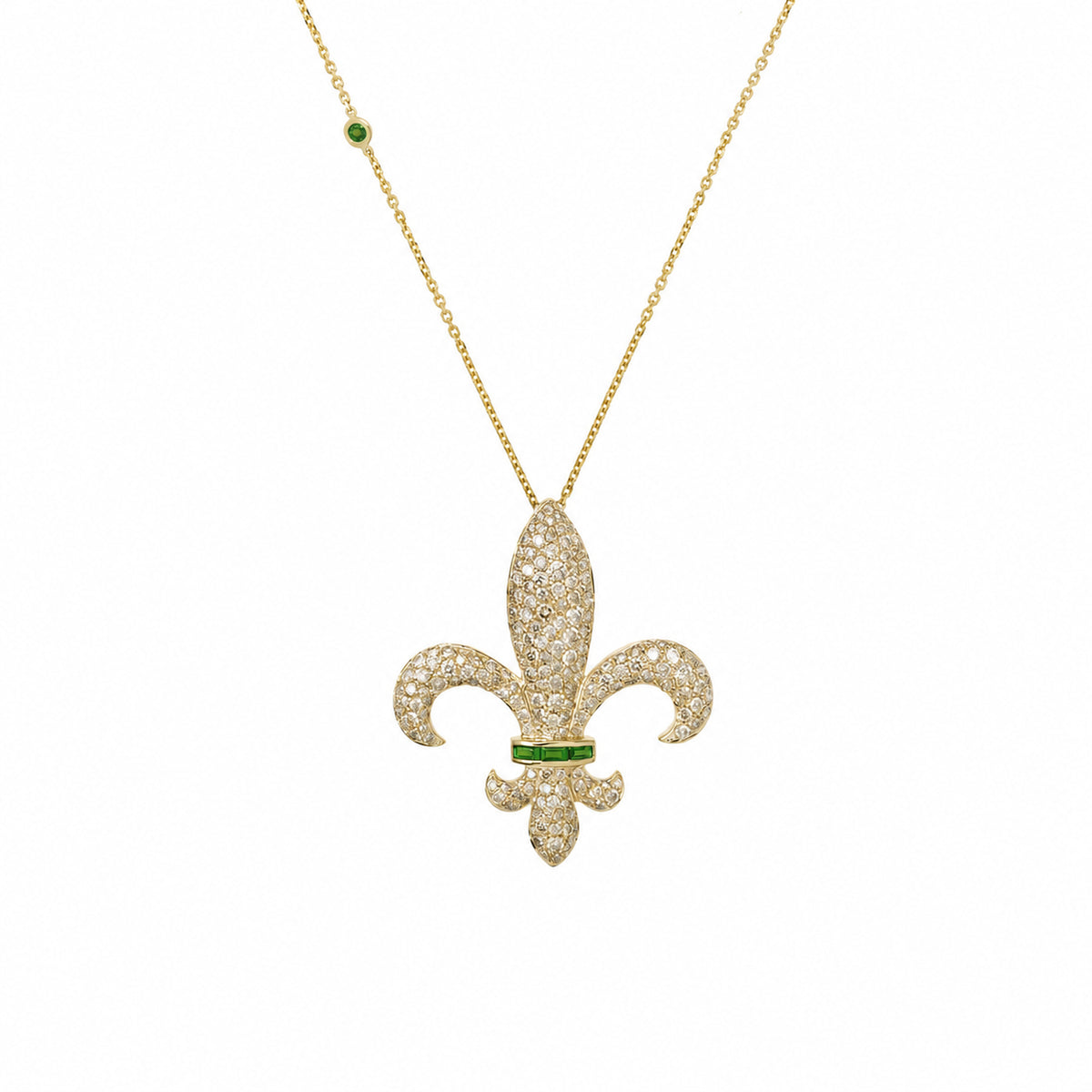 Chouchane fleur-de-lis pendant in 14K yellow gold with natural Tsavorite and white diamonds