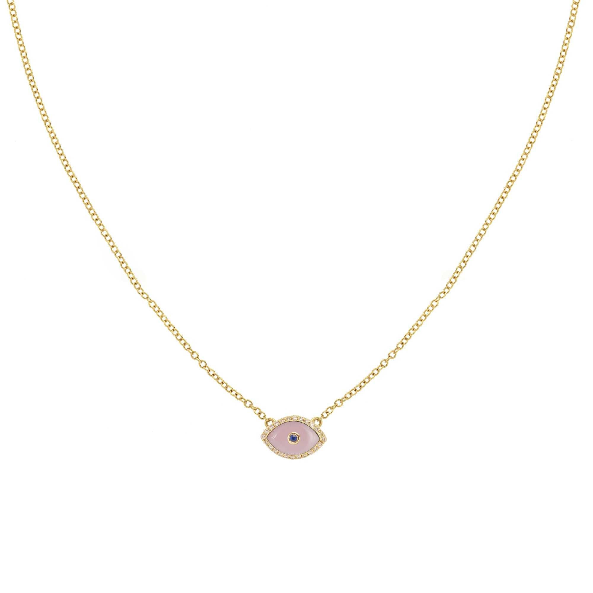 Endza Pink Opal Evil Eye Mini Necklace in 14K Yellow Gold with Natural Diamonds