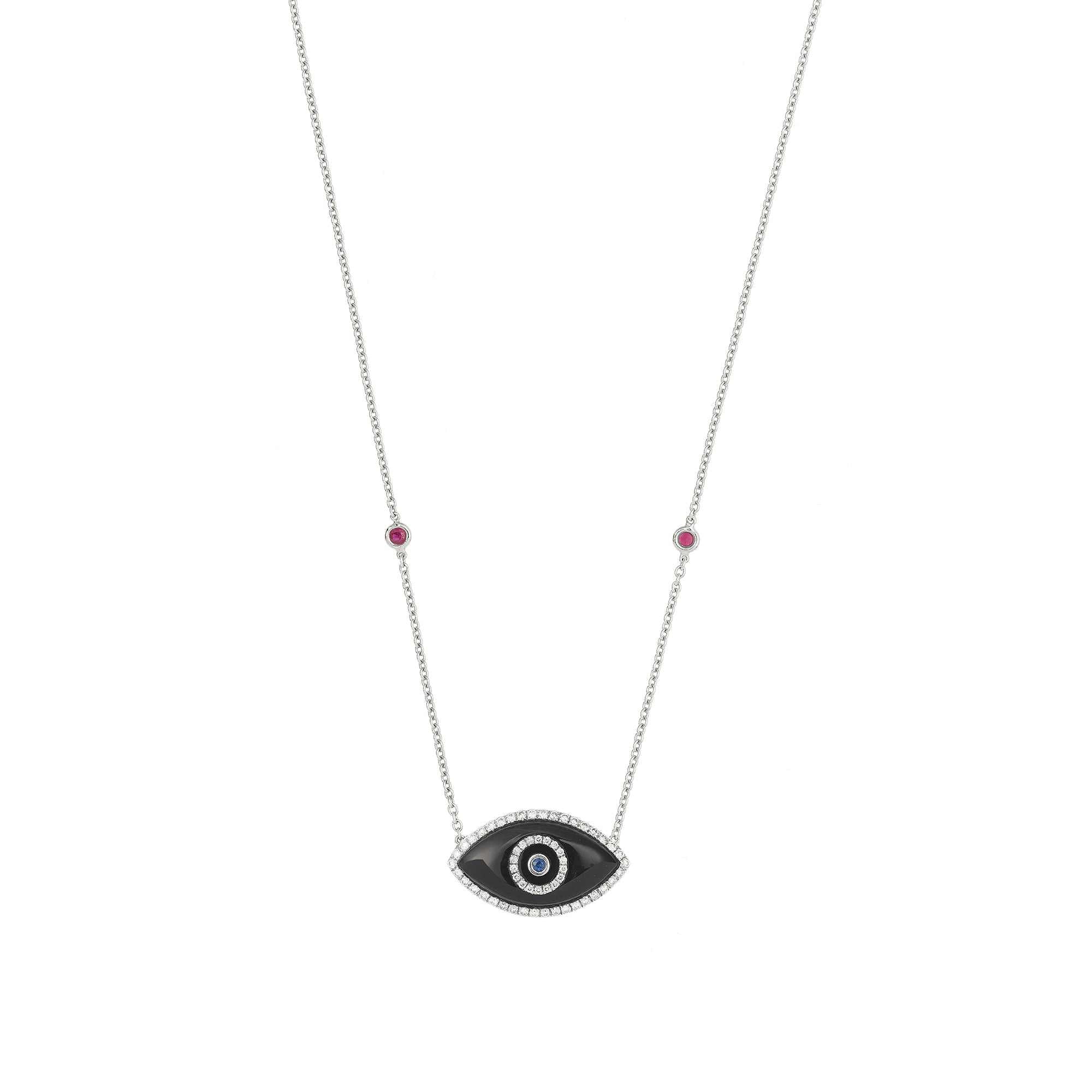 Endza Black Onyx Evil Eye Necklace in 14K White Gold with Natural Diamonds