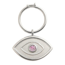 Load image into Gallery viewer, Evil eye pet protection medal in white silver with pink sapphire - The Pet Talisman by Laura Sayan
