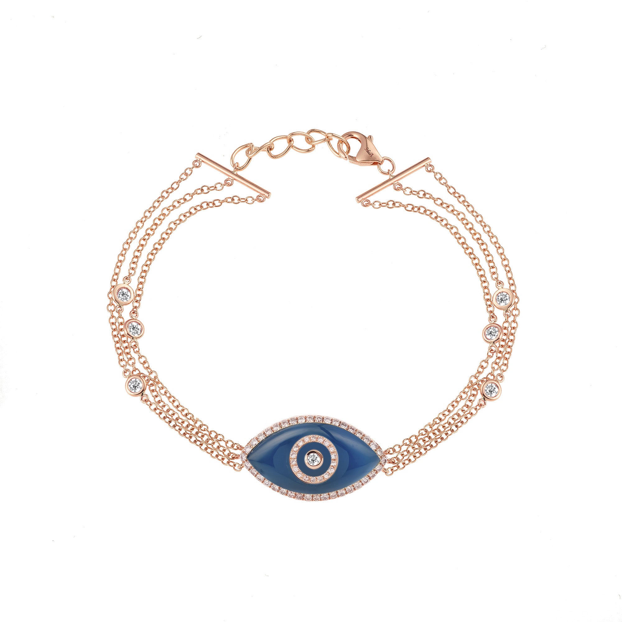 Endza Blue Agate Evil Eye Bracelet in 14K Rose Gold with Natural Diamonds