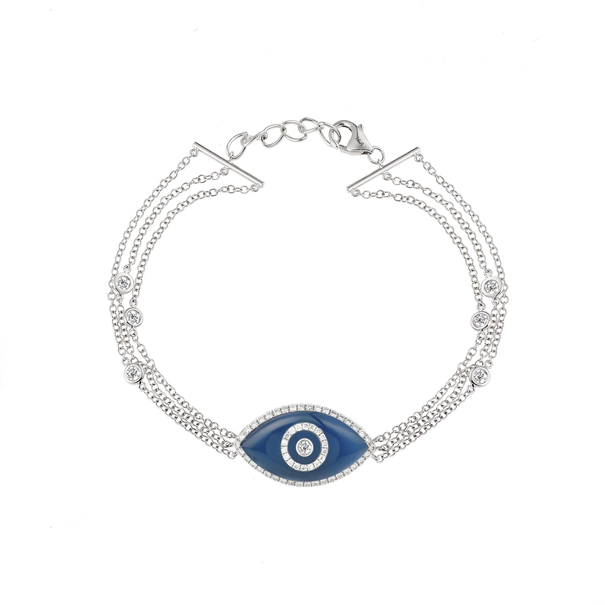 Endza Blue Agate Evil Eye Bracelet in 14K White Gold with Natural Diamonds