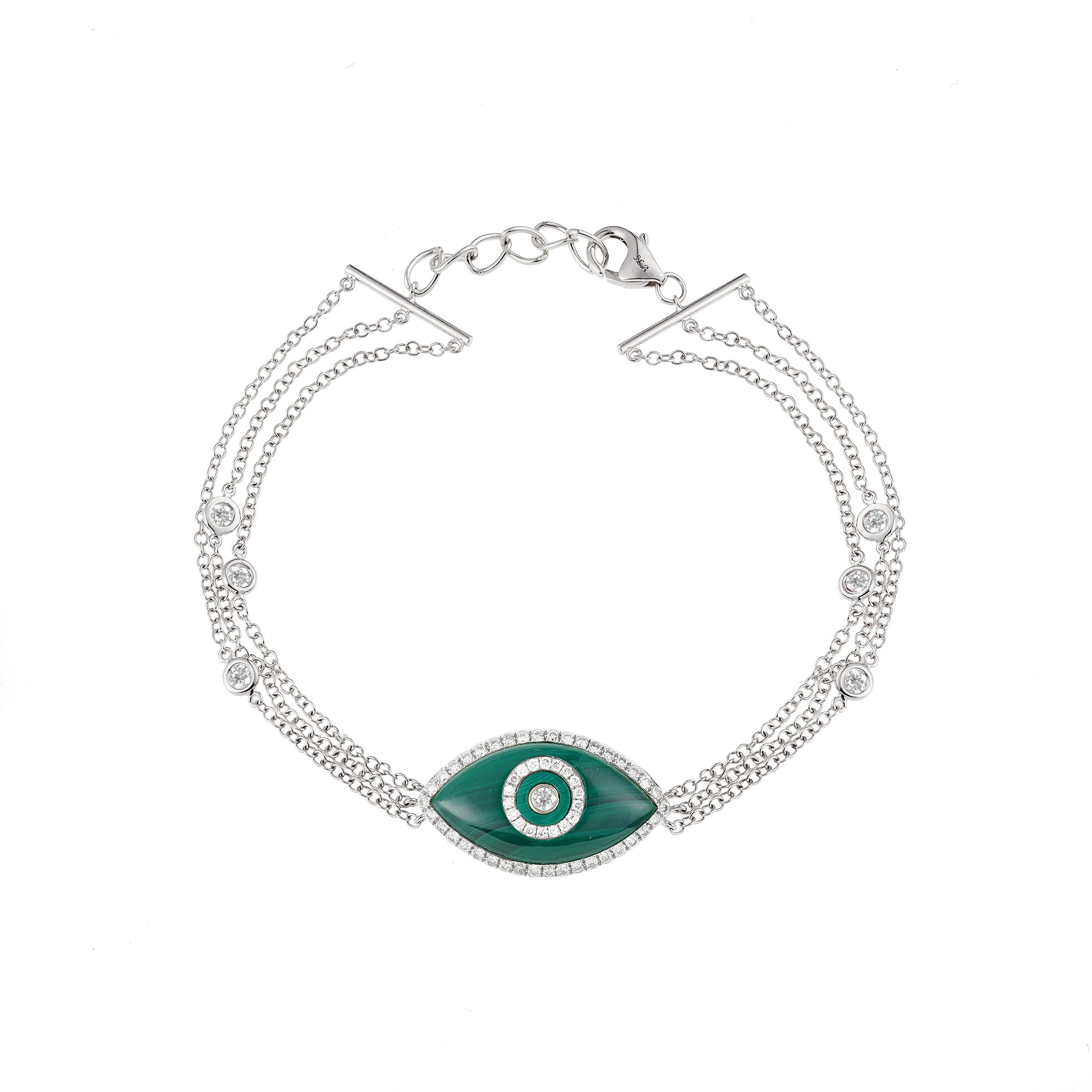 Endza Malachite Evil Eye Bracelet in 14K White Gold with Natural Diamonds