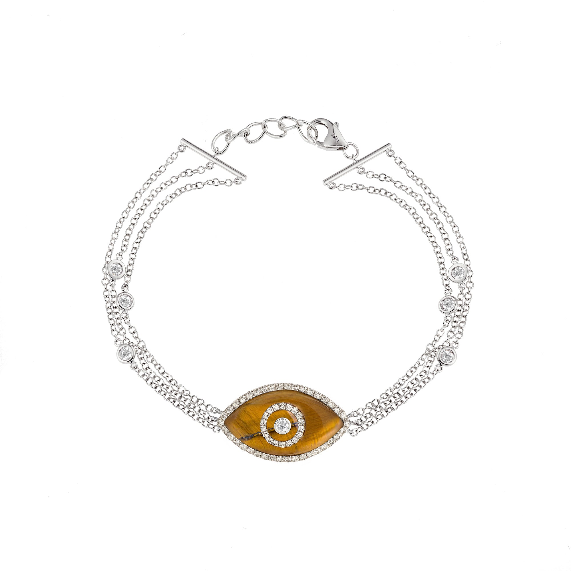 Endza Tiger Eye Evil Eye Bracelet in 14K White Gold with Natural Diamonds