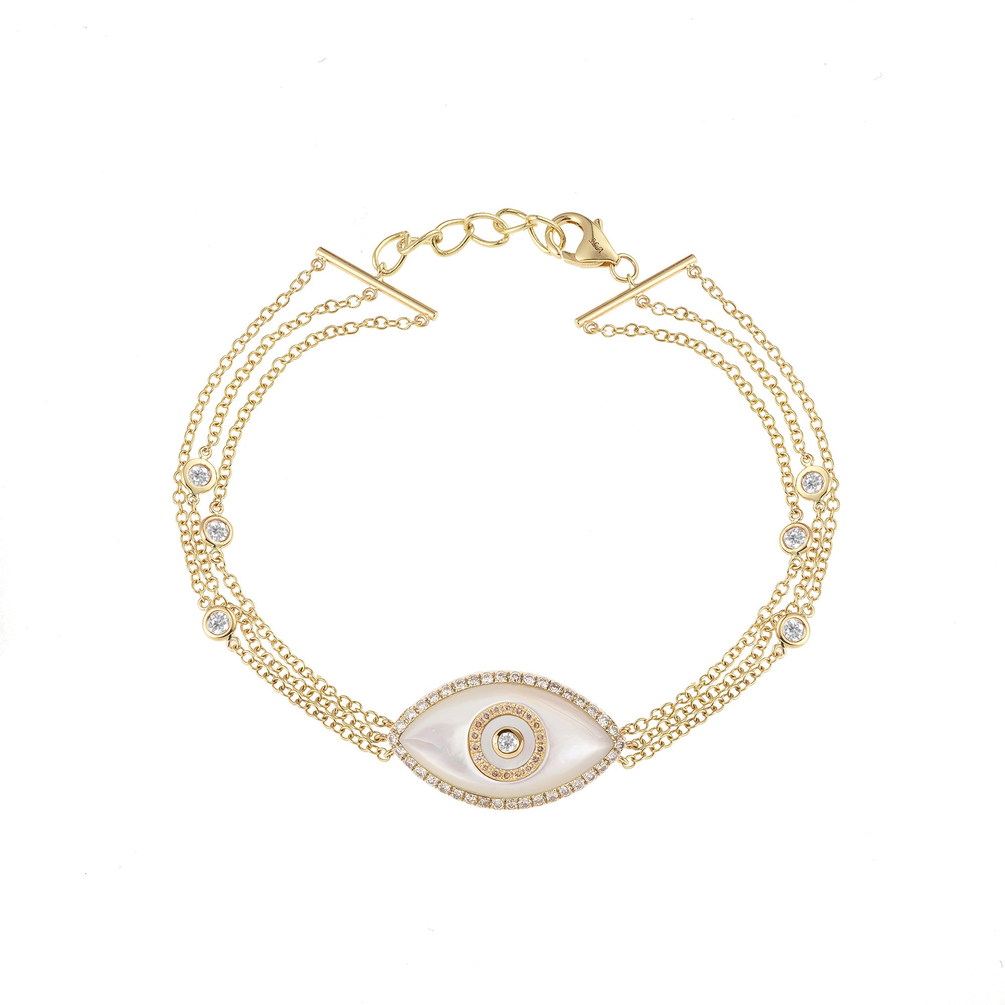 Endza Mother of Pearl Evil Eye Bracelet in 14K Yellow Gold with Natural Diamonds