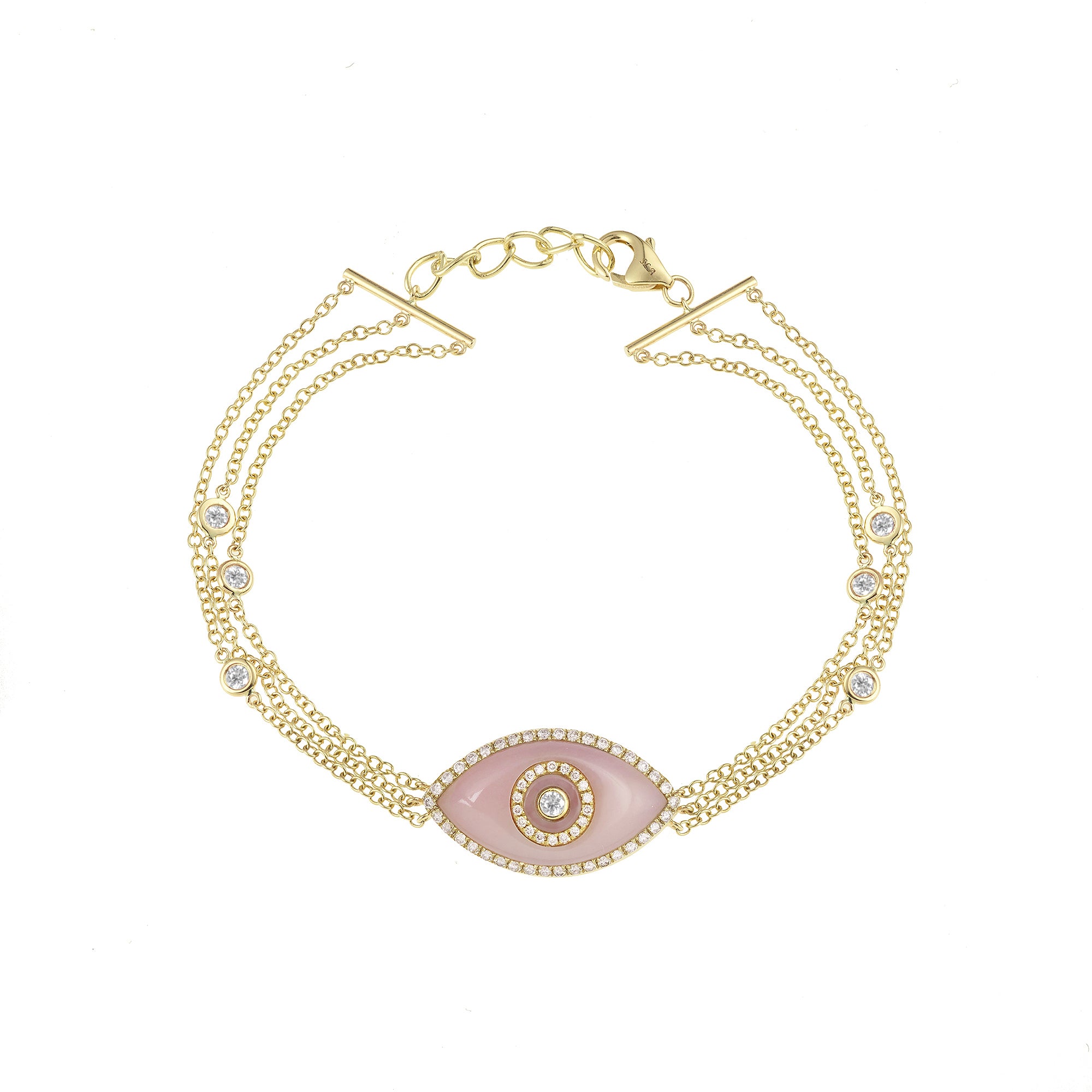 Endza Pink Opal Evil Eye Bracelet in 14K Yellow Gold with Natural Diamonds