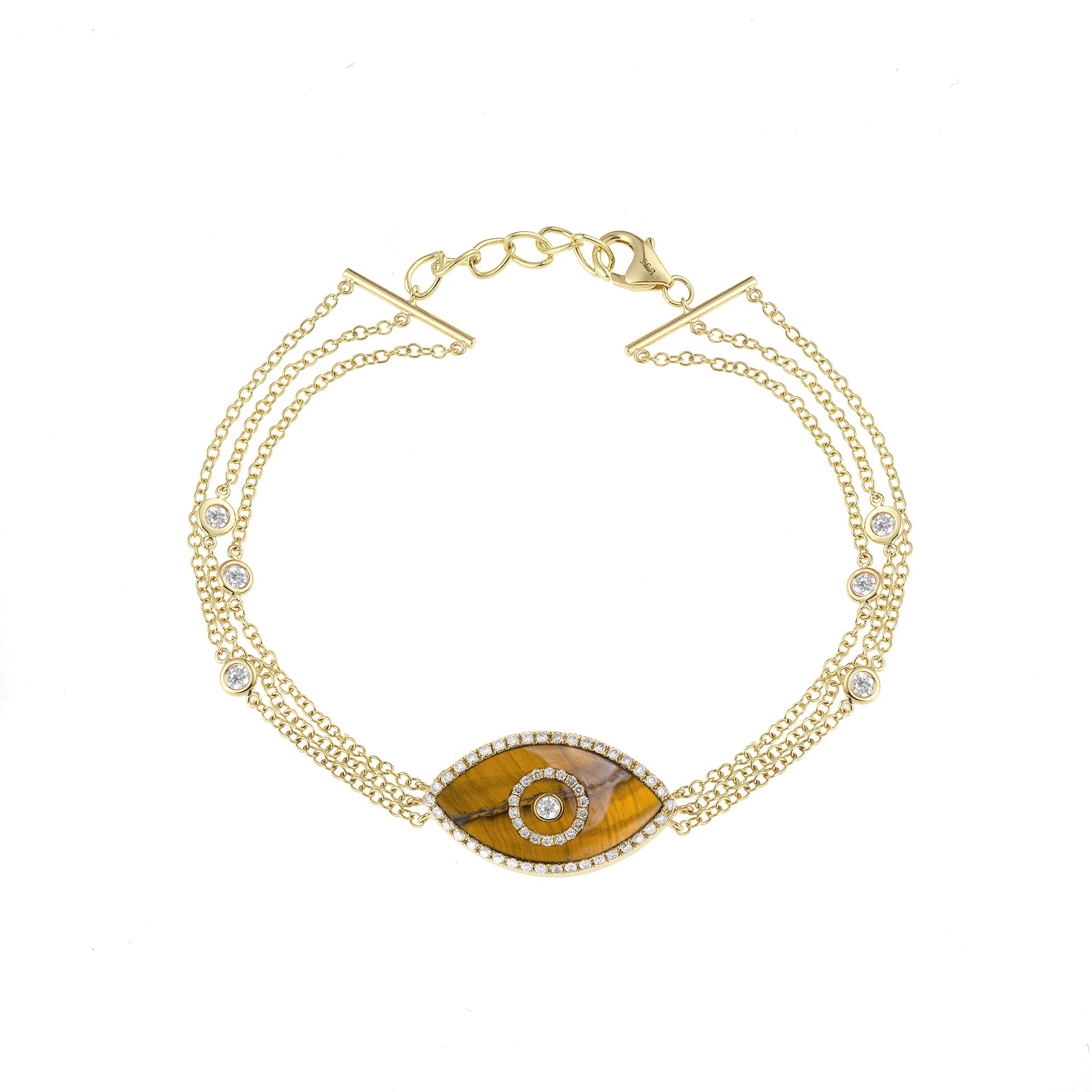 14K yellow gold Endza Bracelet with Tiger Eye evil eye and pavé white diamonds