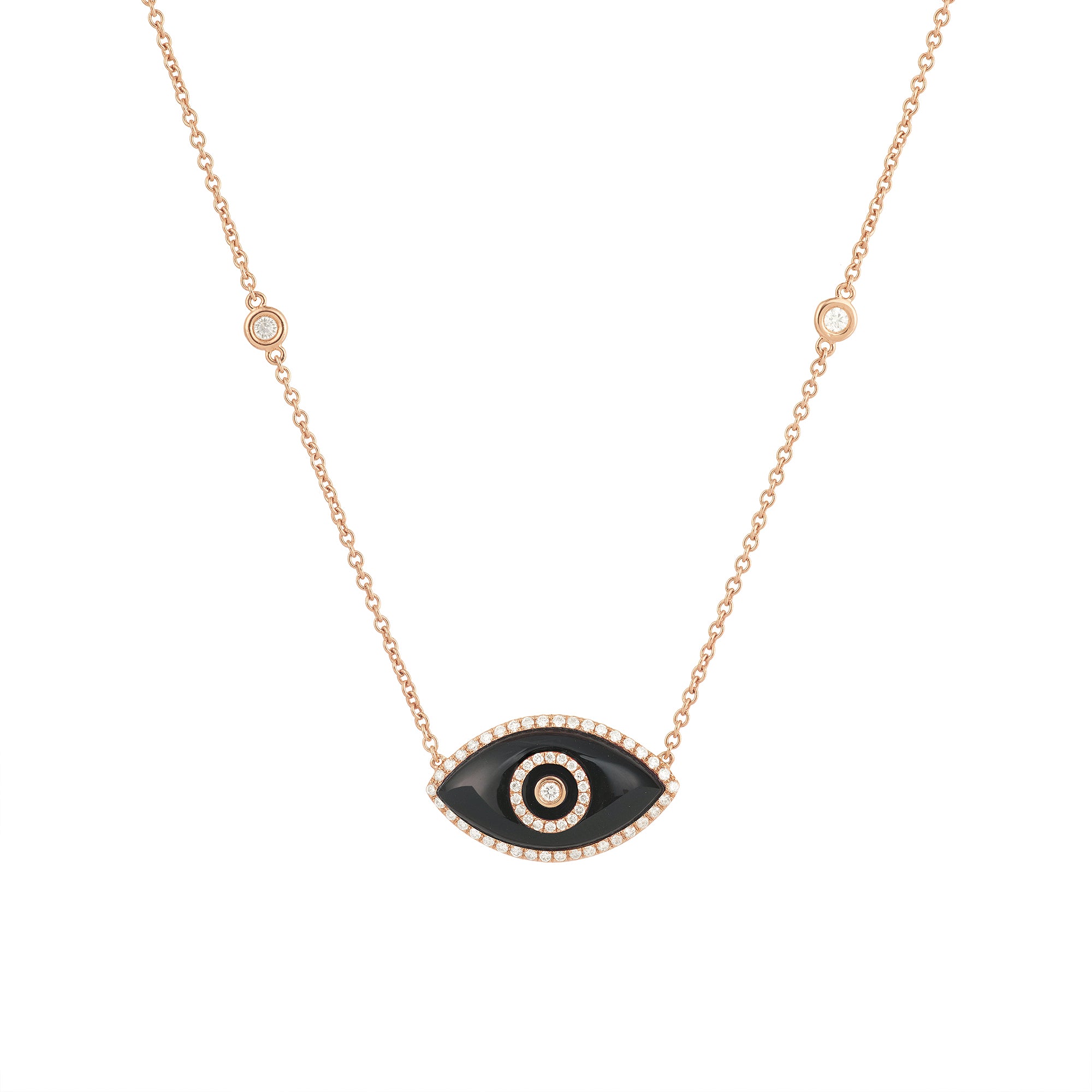 14K rose gold Endza Necklace with Black Onyx eye and white diamonds.