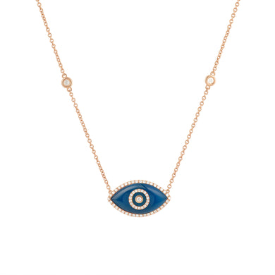 14K rose gold Endza Necklace with Blue Agate eye and white diamonds.