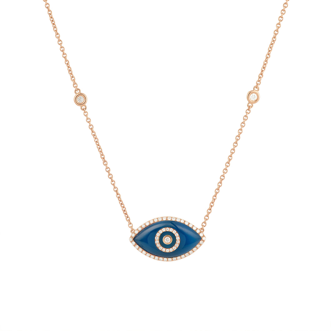 14K rose gold Endza Necklace with Blue Agate eye and white diamonds.