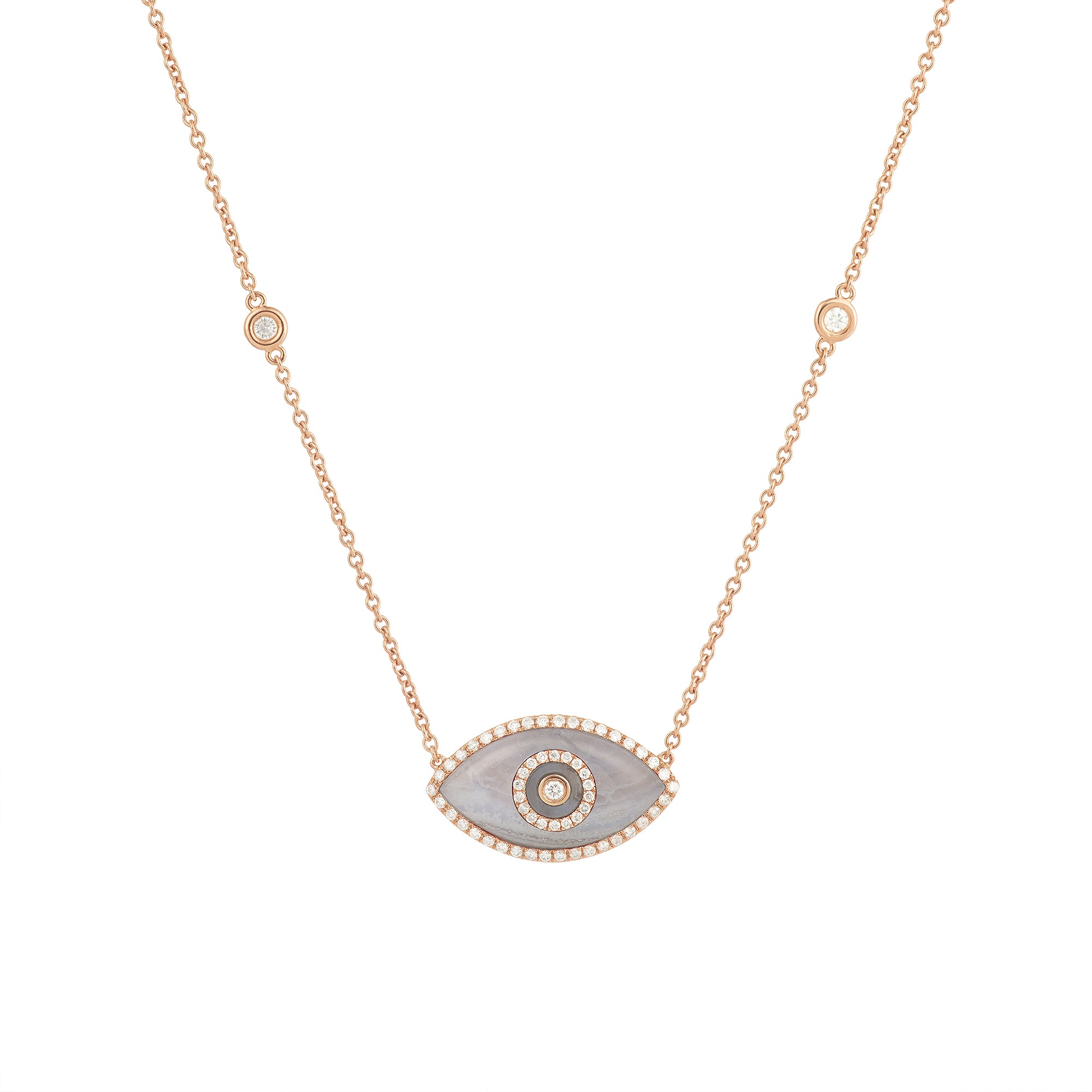 14K rose gold Endza Necklace with Blue Chalcedony eye and white diamonds.