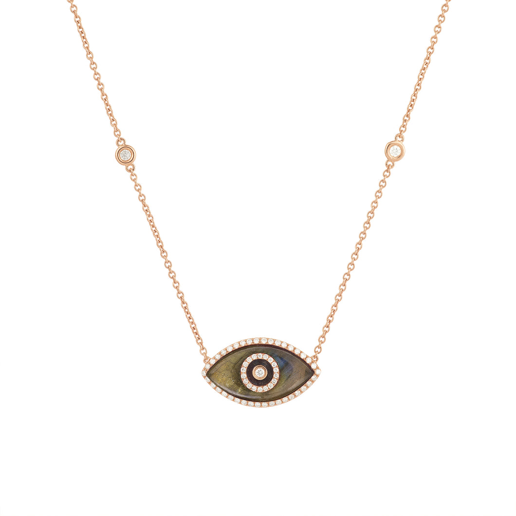 14K rose gold Endza Necklace with Labradorite eye and white diamonds.