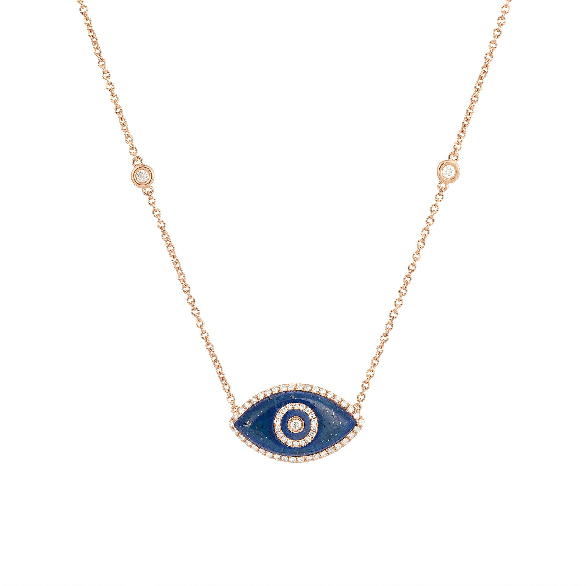 14K rose gold Endza Necklace with Lapis Lazuli evil eye and white diamonds.