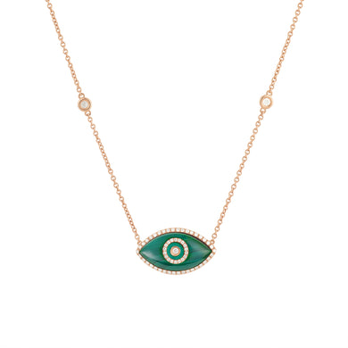 14K rose gold Endza Necklace with Malachite evil eye and white diamonds.