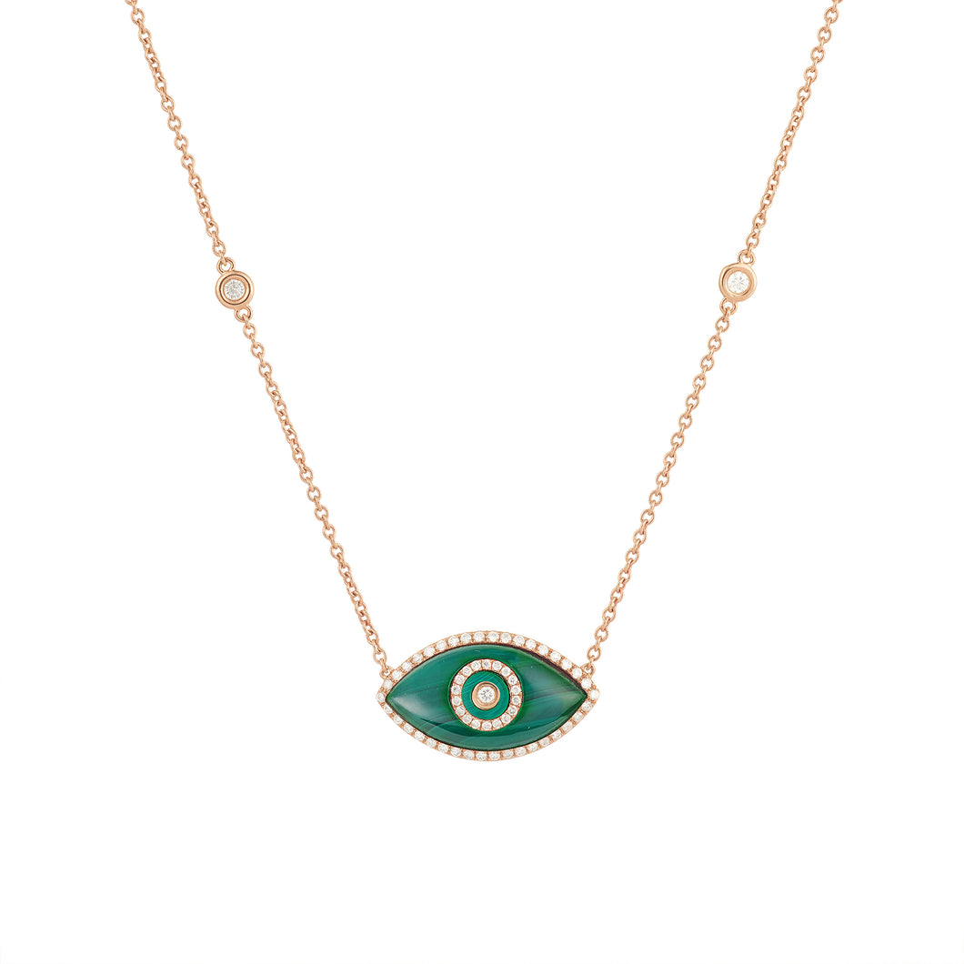 14K rose gold Endza Necklace with Malachite evil eye and white diamonds.