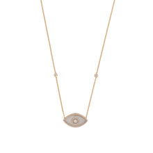 Load image into Gallery viewer, 14K rose gold Endza Necklace with Moonstone evil eye and white diamonds.

